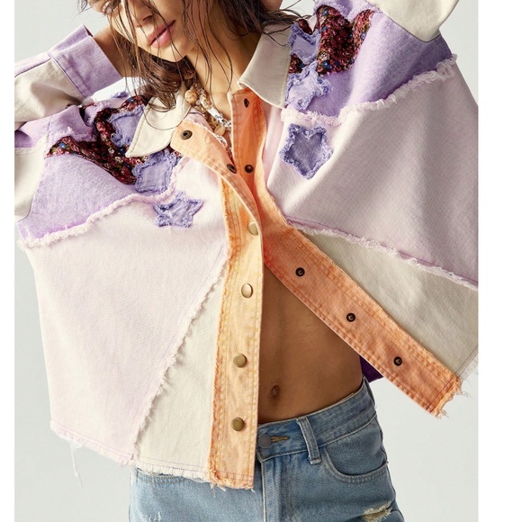 Western Cotton Star Patch Floral Print Oversized Button down Jacket - Picture 3 of 8